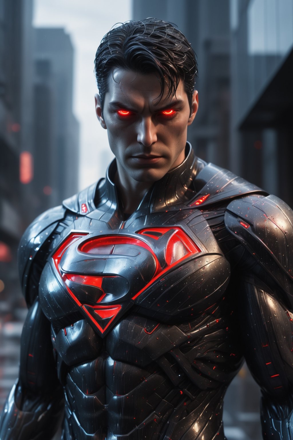 A hyper-realistic and detailed Cyborg Superman suit rendered in the style of the "Matrix" movie. The suit is made of a sleek, black and silver material with Kryptonian symbols and glowing red accents. The eyes are large and expressive, and the suit is covered in cybernetic enhancements. Cyborg Superman is standing in a simulated city, surrounded by digital rain and glitches. He is flying towards the enemy, ready to unleash his Kryptonian powers. Use photorealistic lighting and shadows with a cyberpunk aesthetic.


