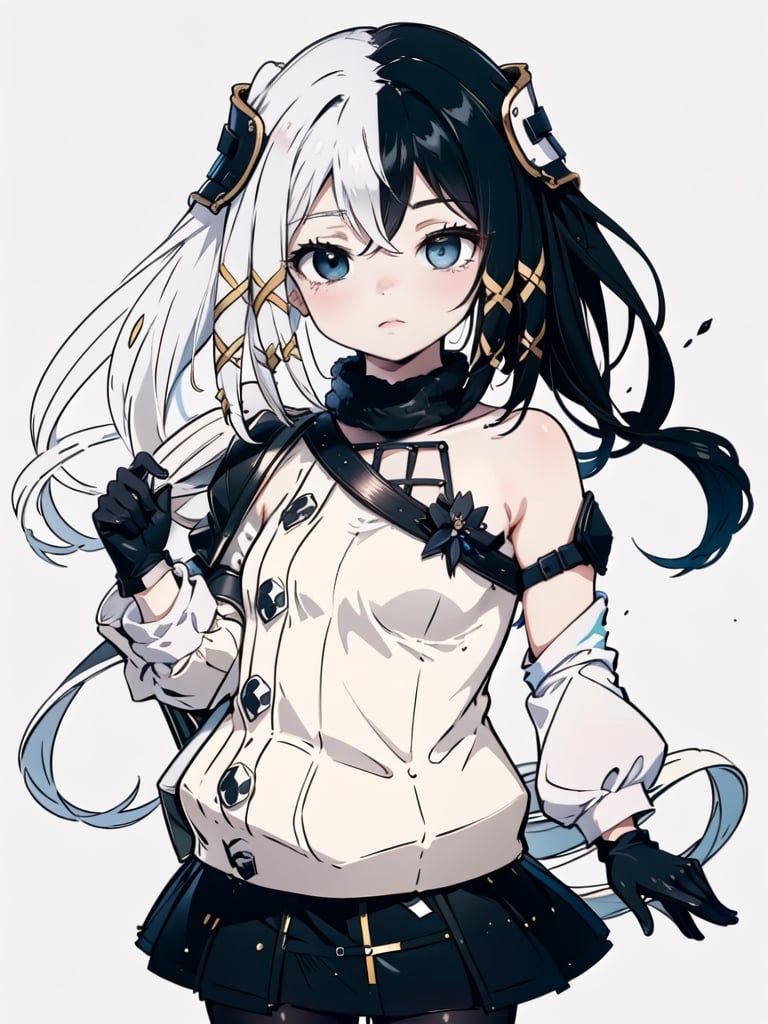 cowboy shot, solo, 1girl, olantilene,dynamic pose, hair ornament, detailed eyes, heterochromia,black eye, grey eye, sweater, skirt, black gloves, complex background,  perfect eyes, expressive eyes, extremely detailed eyes, beautiful eyes, glistening eyes, perfect eyes,Redayana,line anime