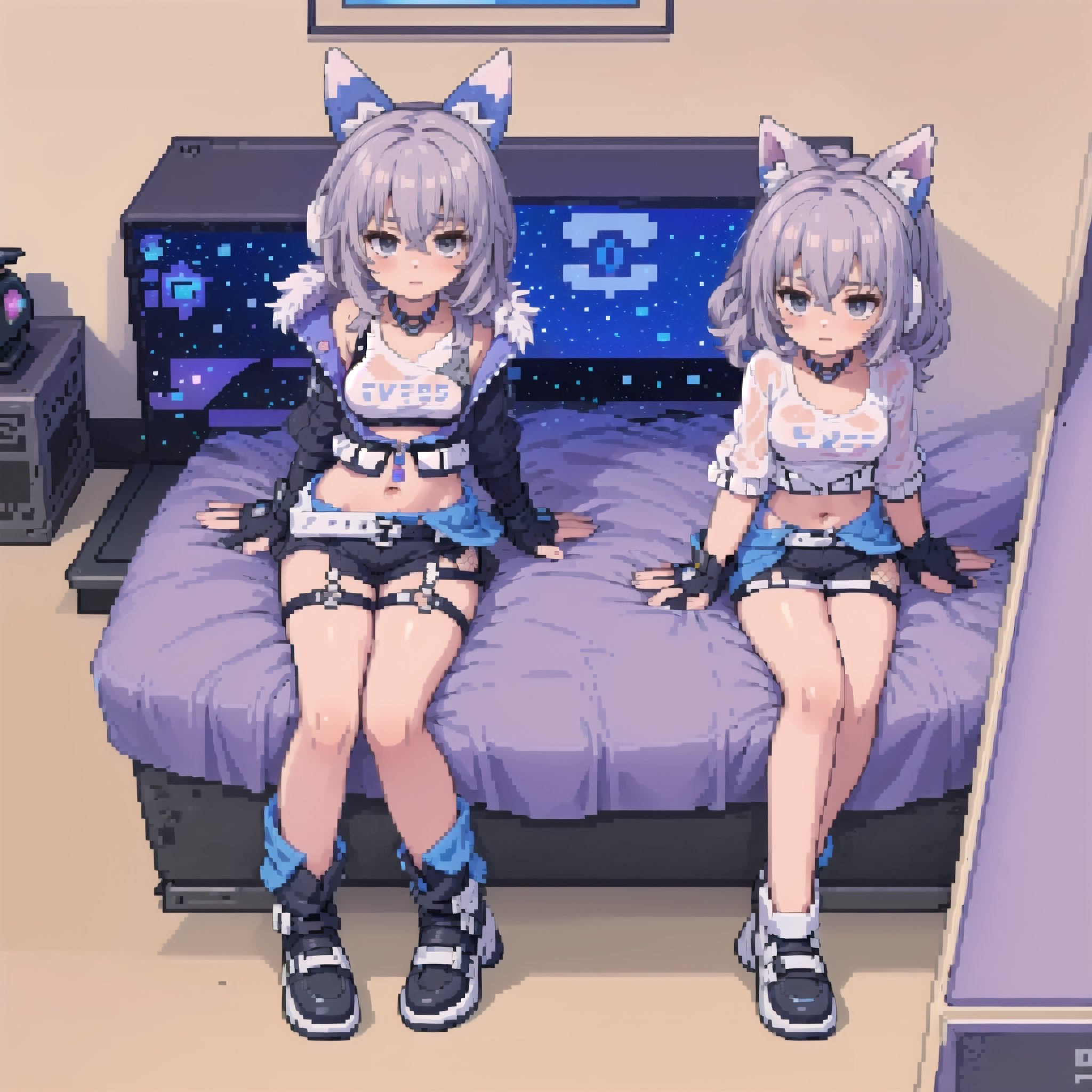 gamer, headphones, glasses,a cute girl,gameroomconcept,(1 japanese girl, solo, nerd behavior, medium breasts, wolf-headphone) , standing, teenager room, wolf ears ,SilverWolfV5, masterpiece, best quality, 1girl, solo,  shirt, gloves, closed mouth, jacket, full body, boots, shorts, choker, grey eyes, black gloves, fingerless gloves, black footwear, black jacket, black shorts, bandaid, eyewear on head,