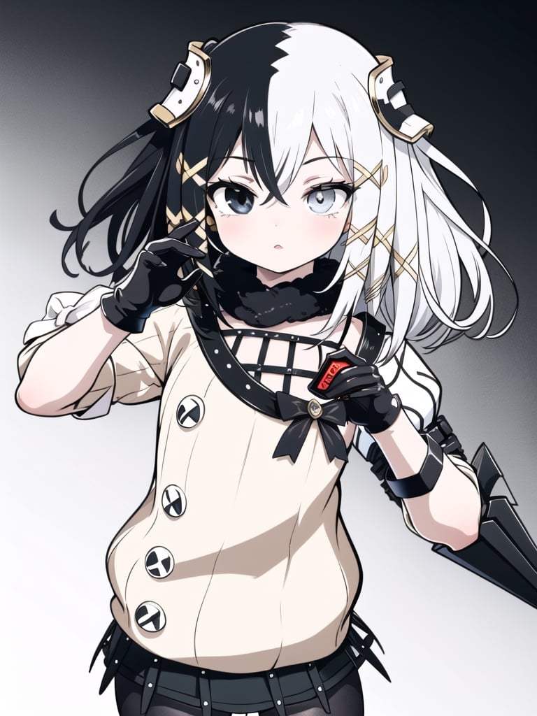 cowboy shot, solo, 1girl, olantilene,dynamic pose, hair ornament, detailed eyes, heterochromia,black eye, grey eye, sweater, skirt, black gloves, complex background,  perfect eyes, expressive eyes, extremely detailed eyes, beautiful eyes, glistening eyes, perfect eyes,line anime