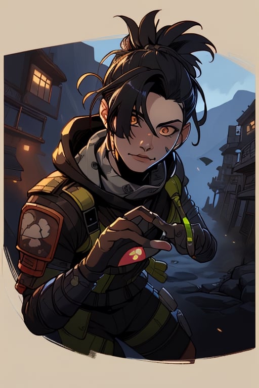 Wraith apex legends, pose enfadada, en su mano un cunahi,