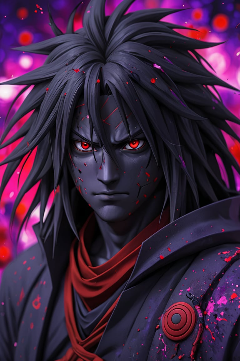 Uchiha Madara red eyes,[red eyes] purple and black splatter background,[purple and black splatter] vivid colors,realistic,physically-based rendering,extremely detailed,ultra-detailed,sharp focus,professional,bokeh.