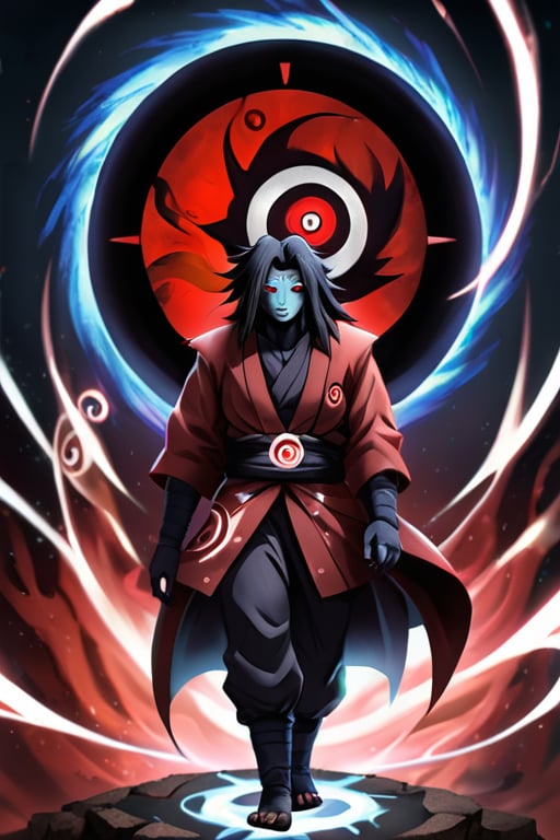 A full body portrait of Madara Uchiha with his Sharingan activated,  surrounded by swirling chakra and glowing elements,...