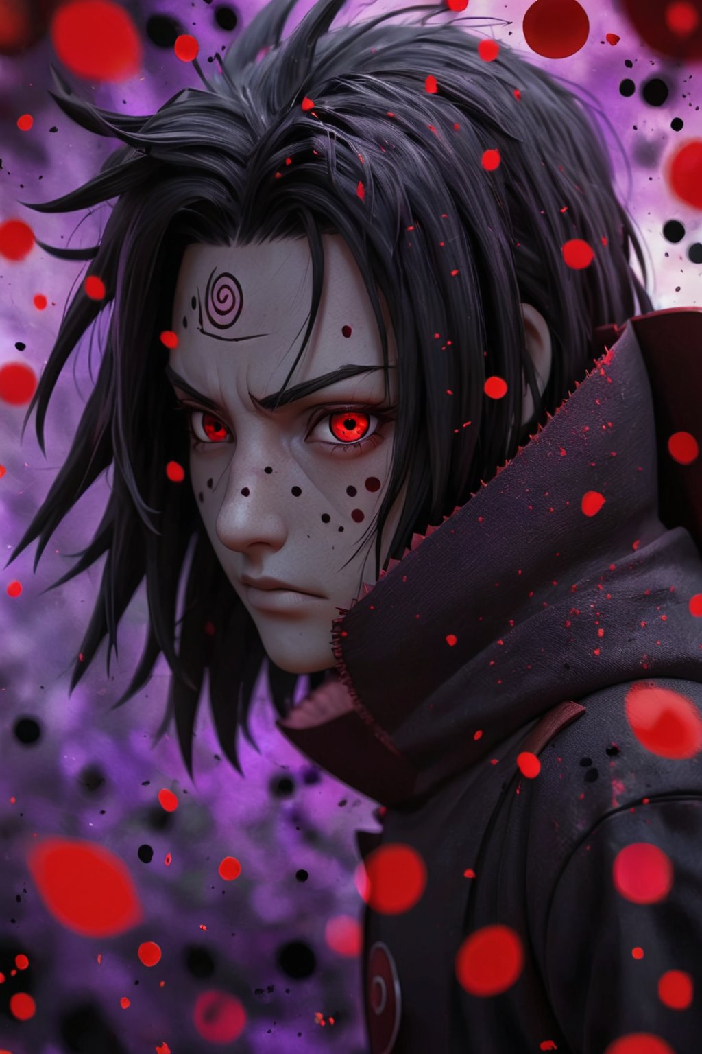 Uchiha Madara red eyes,  [red eyes] purple and black splatter background,  [purple and black splatter] vivid colors by use...