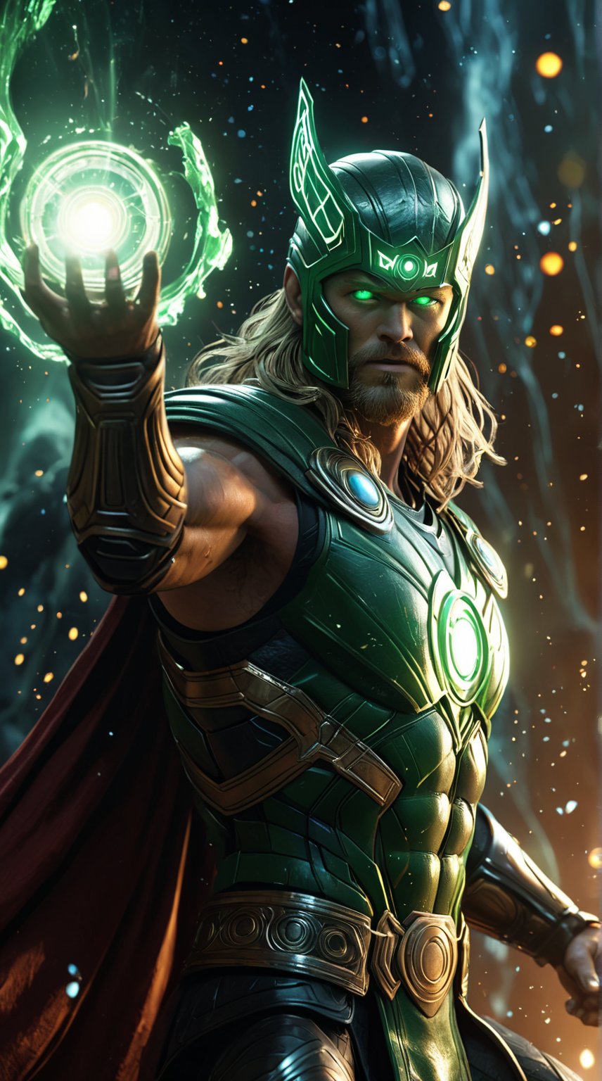 Action mode, action pose, Thor Lantern: A majestic blend of Thor and Green Lantern. This character wields a glowing, emerald Mjolnir, with runes inscribed on its surface. The armor is a mix of Asgardian design and Green Lantern's uniform, with a green energy aura surrounding the character. The background depicts a celestial battlefield with swirling cosmic energy. Enhance the scene with glare, lens flare, cinematic lighting, and particles, emphasizing the divine and lantern energy fusion.

(best quality, 4K, 8K, high-resolution, masterpiece), ultra-detailed, realistic, photorealistic, intricate design, vibrant colors, detailed facial expression, otherworldly appearance, glowing elements, complex patterns, high contrast, dynamic lighting, cinematic composition, high detail, high resolution.