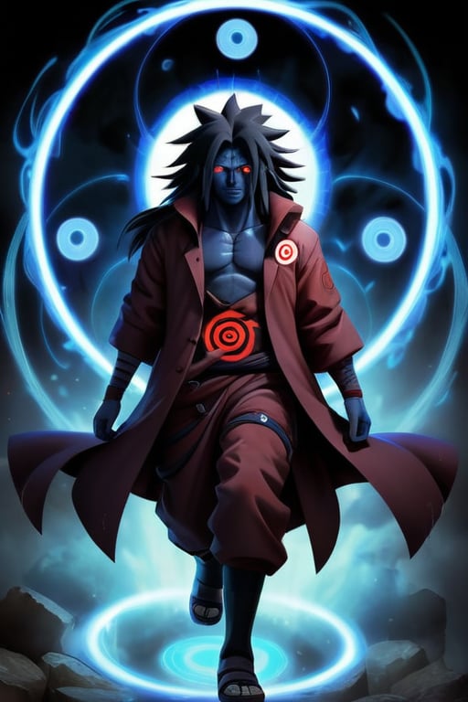 A full body portrait of Madara Uchiha with his Sharingan activated,  surrounded by swirling chakra and glowing elements,...