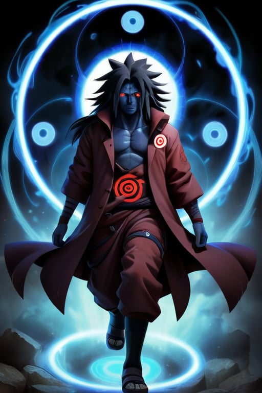 A full body portrait of Madara Uchiha with his Sharingan activated, surrounded by swirling chakra and glowing elements, showcasing his otherworldly appearance and power.