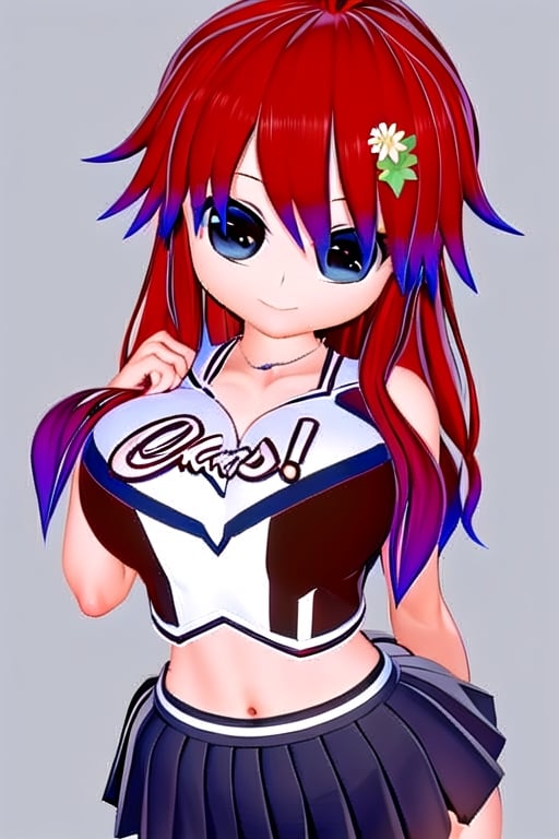 Azami Tadaki, a cute girl with red hair and big anime eyes, wearing her cheerleader uniform, 1 girl, red hair, blue eyes, long hair, cleavage, jewelry, necklace, smile