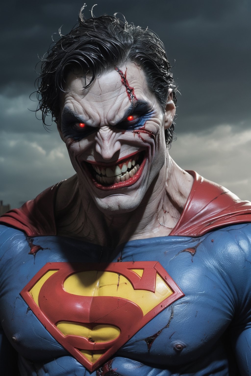 Superman,  defiled by the Joker's twisted vision. His once-godlike physique is now grotesquely mutated,  with bulging musc...