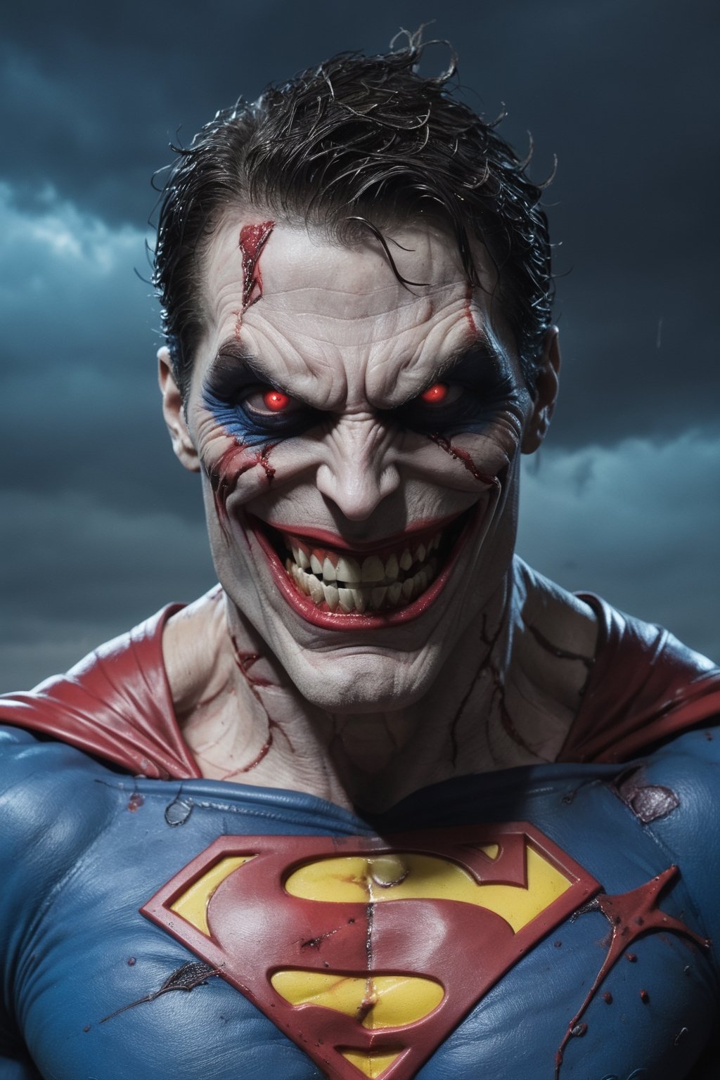 Superman,  defiled by the Joker's twisted vision. His once-godlike physique is now grotesquely mutated,  with bulging musc...