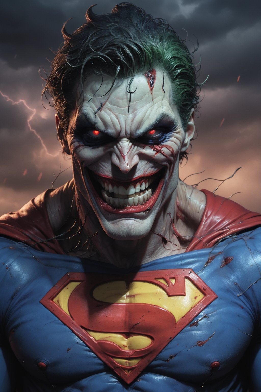 Superman,  defiled by the Joker's twisted vision. His once-godlike physique is now grotesquely mutated,  with bulging musc...