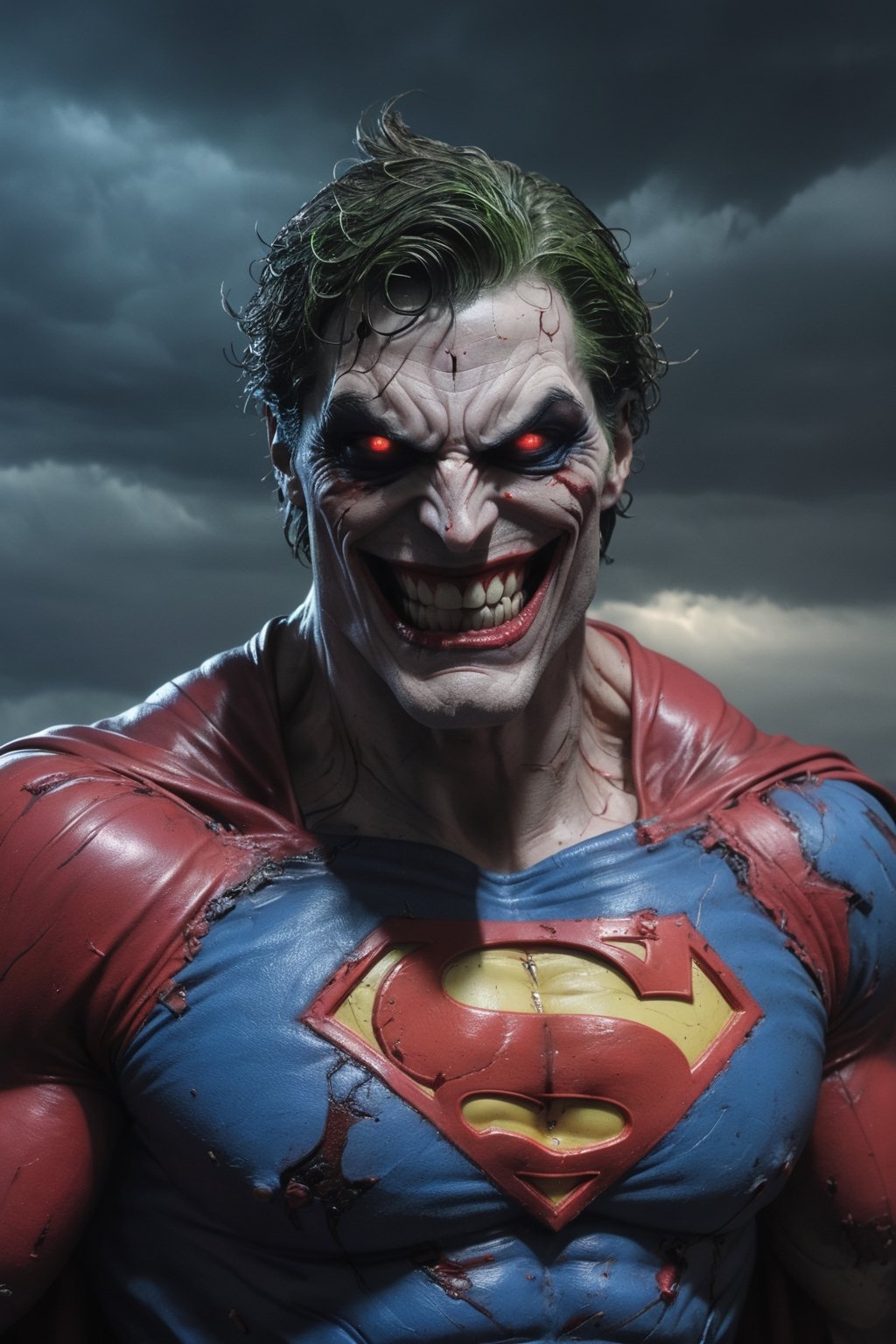 Superman,  defiled by the Joker's twisted vision. His once-godlike physique is now grotesquely mutated,  with bulging musc...