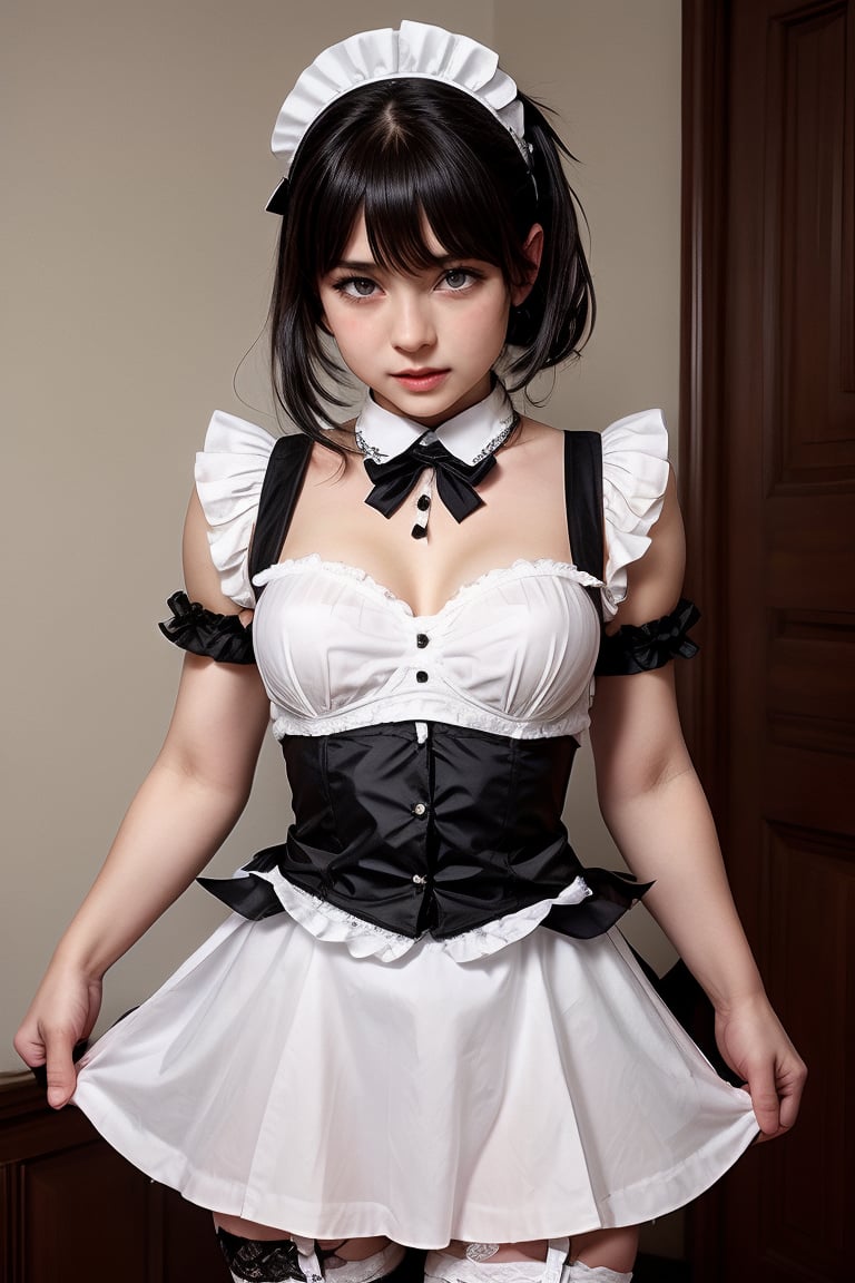 maid, torn_clothes, maid_costume, blueeyes, blackhair, garter_belt