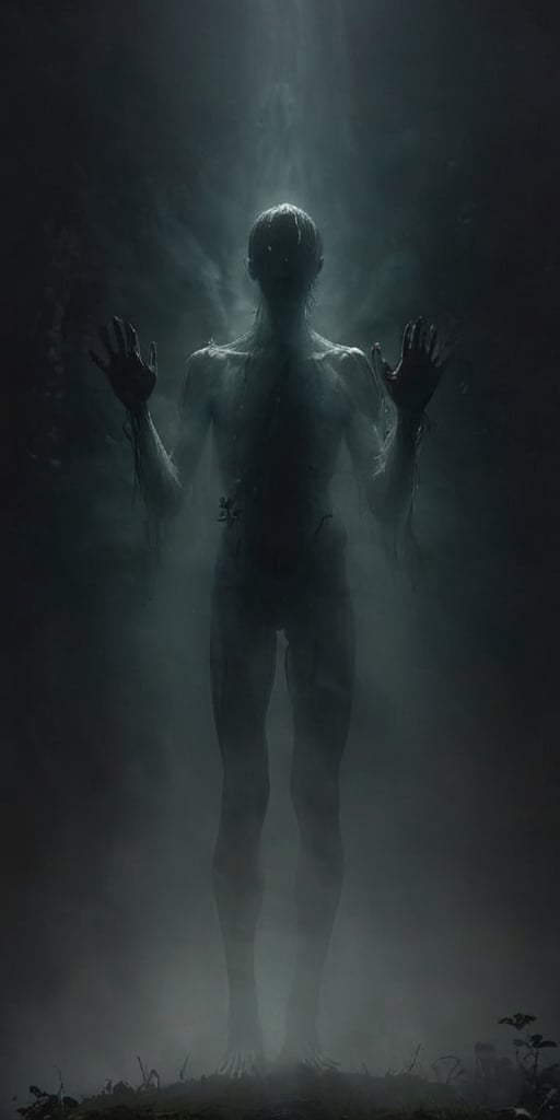 It generates a hyperrealistic image of a humanoid being with a thin body with many arms and very long limbs that emerges f...