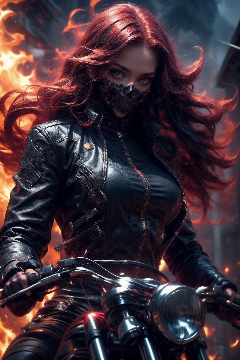 ((Generate hyper realistic image of  captivating scene featuring a stunning 22 years old girl, on a motorcycle)) with long fiery hair,  flowing in wind, donning a black leather shorts and a Black jacket over is naked body,fire eyes, photography style , Extremely Realistic,  ,photo r3al,photo of perfecteyes eyes,realistic,leather,ghostrider, hair of fire, eyes of fire,RED FIRE GREEN FIRE BLUE FIRE PURPLE FIR,Ghost mask , Firehair