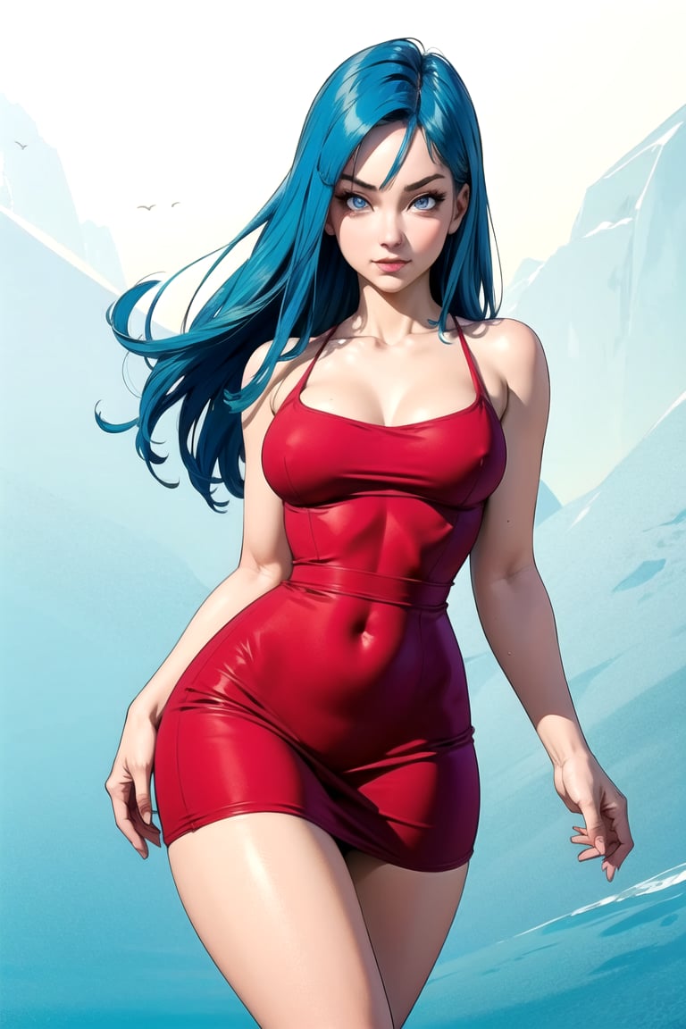 beautiful girl with blue hair, blue eyes, wide hips, narrow waist, has a short tight red dress, hair and long