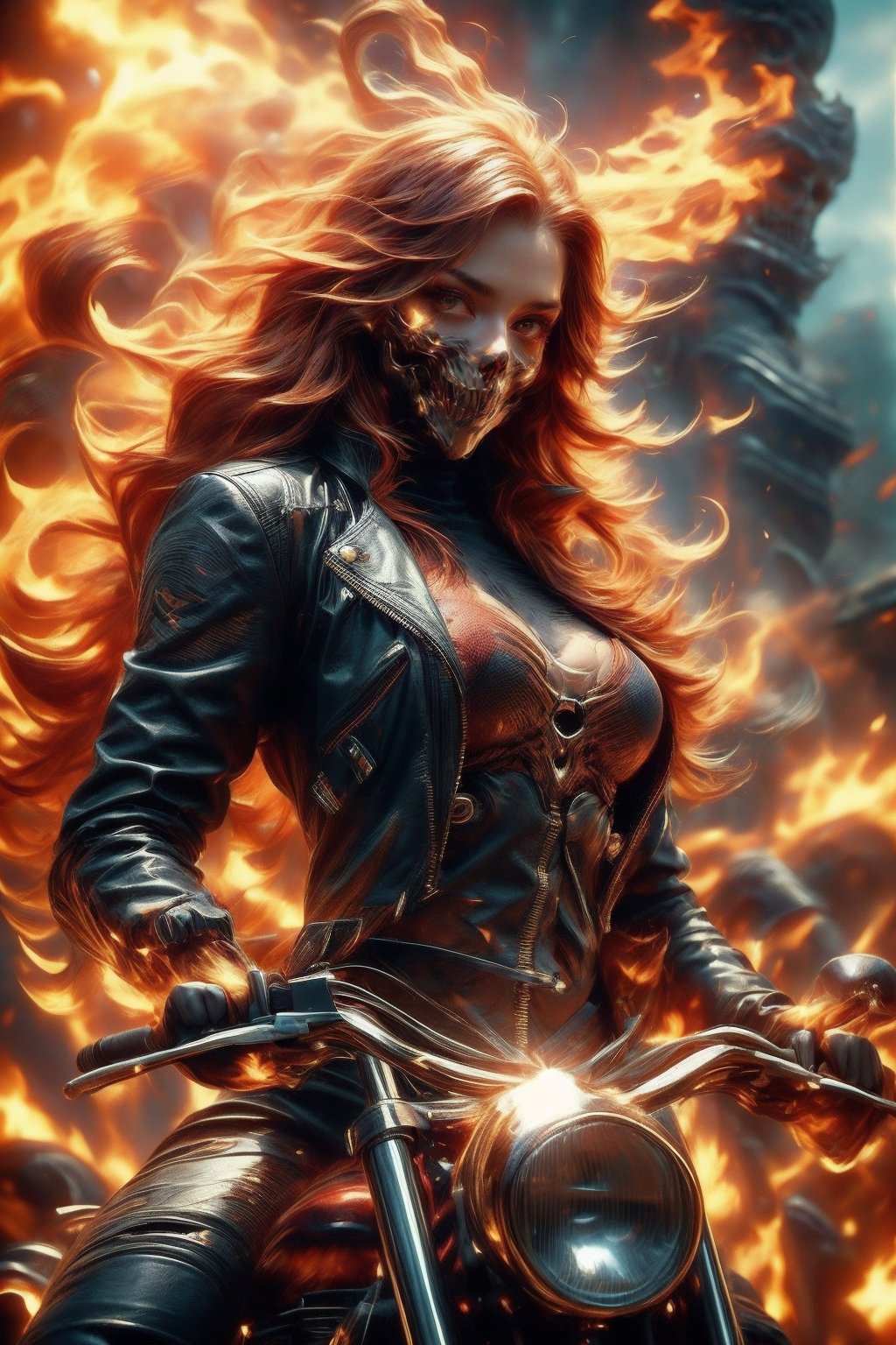 ((Generate hyper realistic image of  captivating scene featuring a stunning 22 years old girl, on a motorcycle)) with long fiery hair,  flowing in wind, donning a black leather shorts and a Black jacket over is naked body,fire eyes, photography style , Extremely Realistic,  ,photo r3al,photo of perfecteyes eyes,realistic,leather,ghostrider, hair of fire, eyes of fire,RED FIRE GREEN FIRE BLUE FIRE PURPLE FIR,Ghost mask , Firehair,Fire