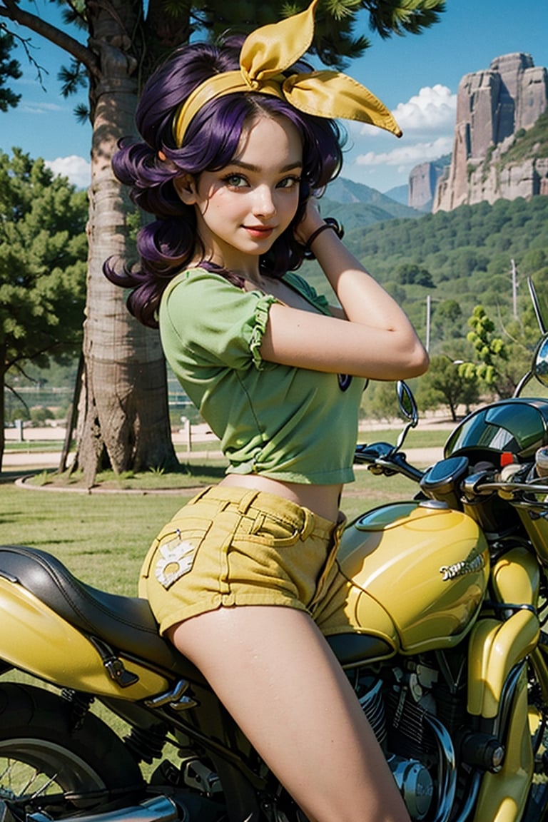 girl, light eyes, dark purple hair, trees in the background, 1 girl, smile, dragon ball, wide hips, narrow waist, 26 years old, REALISTIC, short green blouse, yellow shorts, girl a dinosaur, a rider, a girl on a motorcycle in the background there are dinosaurs, a landscape with mountains in the background, campaign in the background, looking at the viewer, side view, headband with red bow, sexy pose, styles pose, Ankylosaurus_Dinosaur,