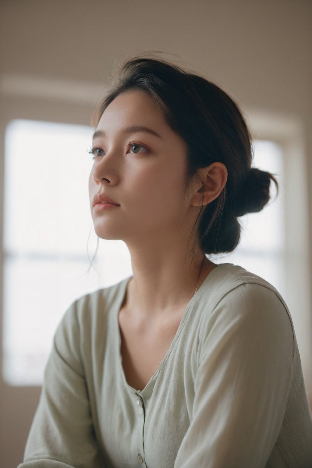 Using a Canon EOS Rebel T7i with a 50mm lens, the photo captures a 20-year-old woman in soft natural lighting. The composition focuses on her contemplative expression, shot from a low angle to convey a sense of vulnerability. The color palette is muted, emphasizing the woman's introspective mood.