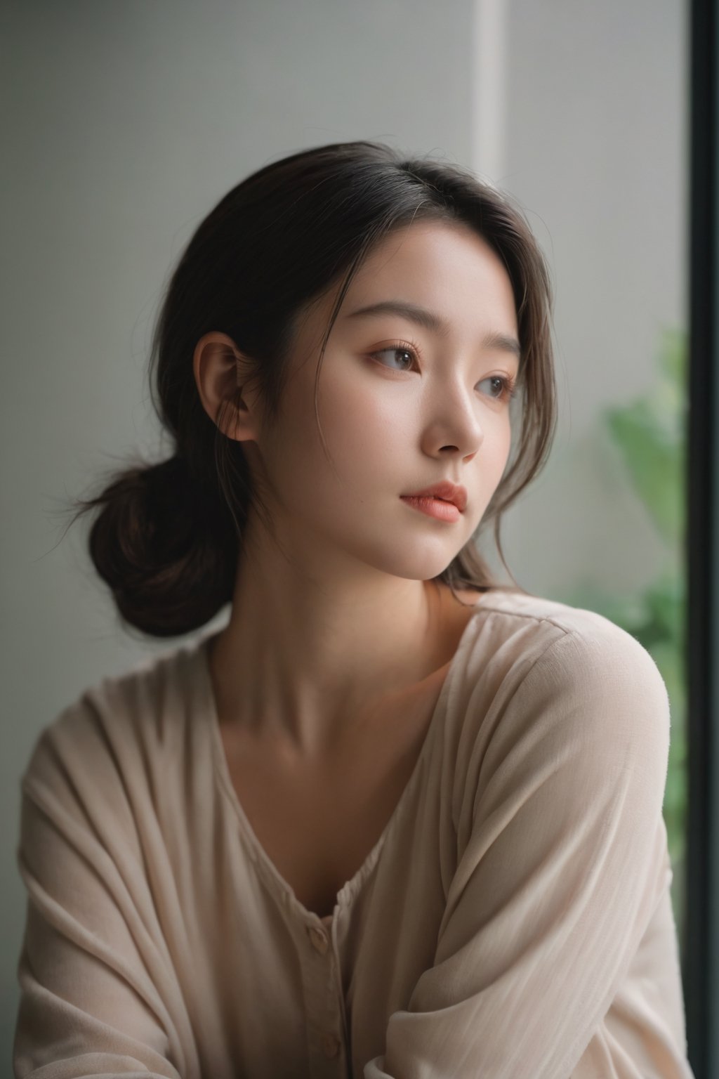 Using a Canon EOS Rebel T7i with a 50mm lens, the photo captures a 20-year-old woman in soft natural lighting. The composition focuses on her contemplative expression, shot from a low angle to convey a sense of vulnerability. The color palette is muted, emphasizing the woman's introspective mood.