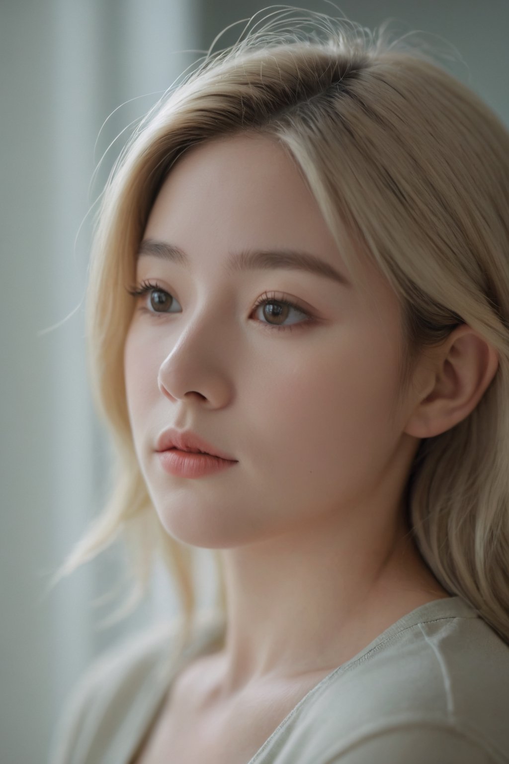 Using a Canon EOS Rebel T7i with a 50mm lens, the photo captures a 20-year-old woman in soft natural lighting. The composition focuses on her contemplative expression, shot from a low angle to convey a sense of vulnerability. The color palette is muted, emphasizing the woman's introspective mood.