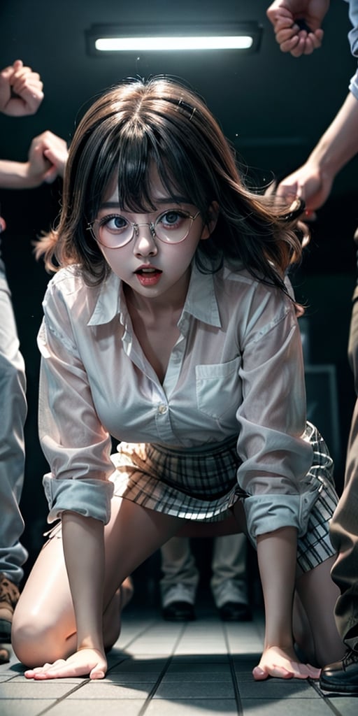 a cute korean large-eyed girl, open legs, bangs, kneel down, 
1girl, multiple boys, zombie, scared, white shirt, pencil skirt, glasses, trapped, motion blur, fighting stance, 
masterpiece, best Quality, Tyndall effect, good composition, highly details, warm soft light, three-dimensional lighting, volume lighting, Film lighting