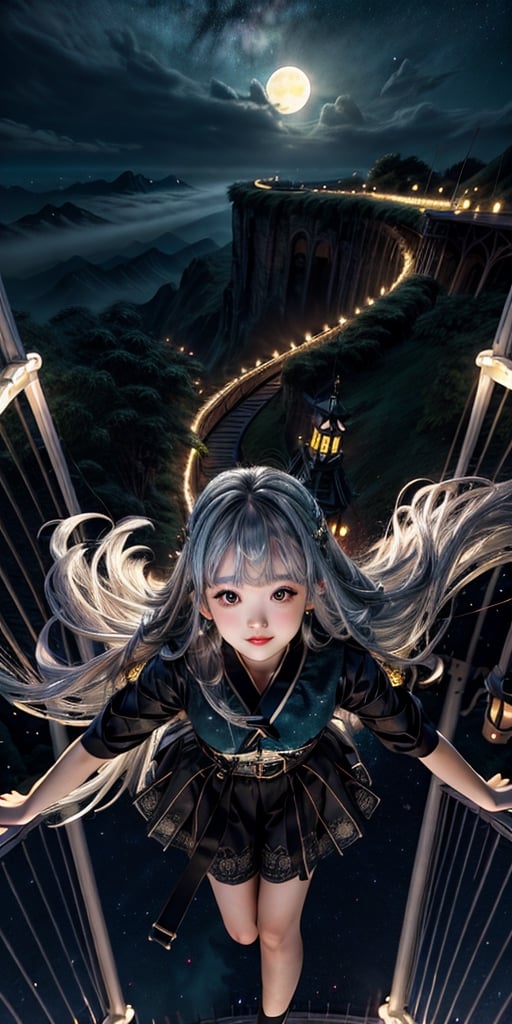 a cute korean large-eyed girl, open legs, bangs, 
fantasy,((sky walk)),Princess,starry sky,big moon,((from top)),((foreshortening)),detailed and intricate, silver hair, absurdly long hair,long messy hair, 
masterpiece, best Quality, Tyndall effect, good composition, highly details, warm soft light, three-dimensional lighting, volume lighting, Film lighting