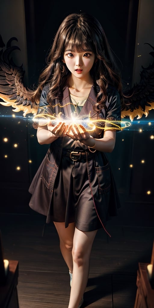 a cute korean large-eyed girl, open legs, bangs, 
awakening, release of supernatural powers, infinite energy, supernatural power surrounding the body, summoning of holy power, fusion, God Phoenix, 
masterpiece, best Quality, Tyndall effect, good composition, highly details, warm soft light, three-dimensional lighting, volume lighting, Film lighting