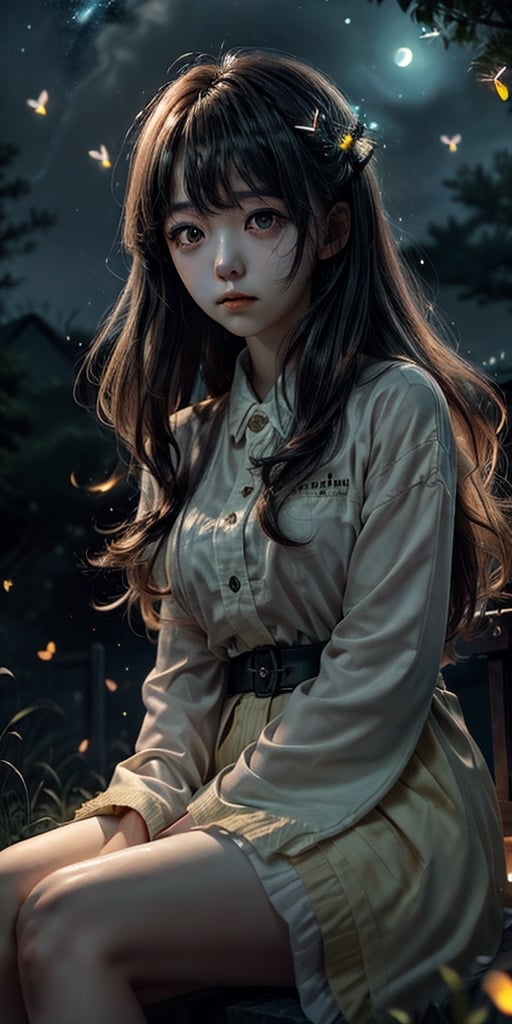 a cute korean large-eyed girl, bangs, sitting, disappointment,despair,hopelessness,zombie, very tall astral gate in front of wizard, 
masterpiece, best Quality, Tyndall effect, good composition, highly details, warm soft light, three-dimensional lighting, volume lighting, Film light,firefliesfireflies,night sky