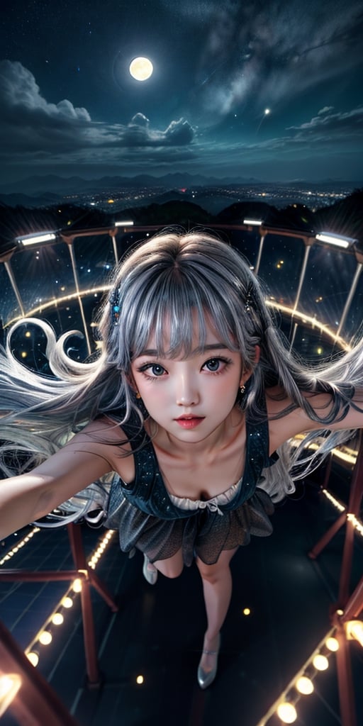 a cute korean large-eyed girl, open legs, bangs, 
fantasy,((sky walk)),Princess,starry sky,big moon,((from top)),((foreshortening)),detailed and intricate, silver hair, absurdly long hair,long messy hair, 
masterpiece, best Quality, Tyndall effect, good composition, highly details, warm soft light, three-dimensional lighting, volume lighting, Film lighting