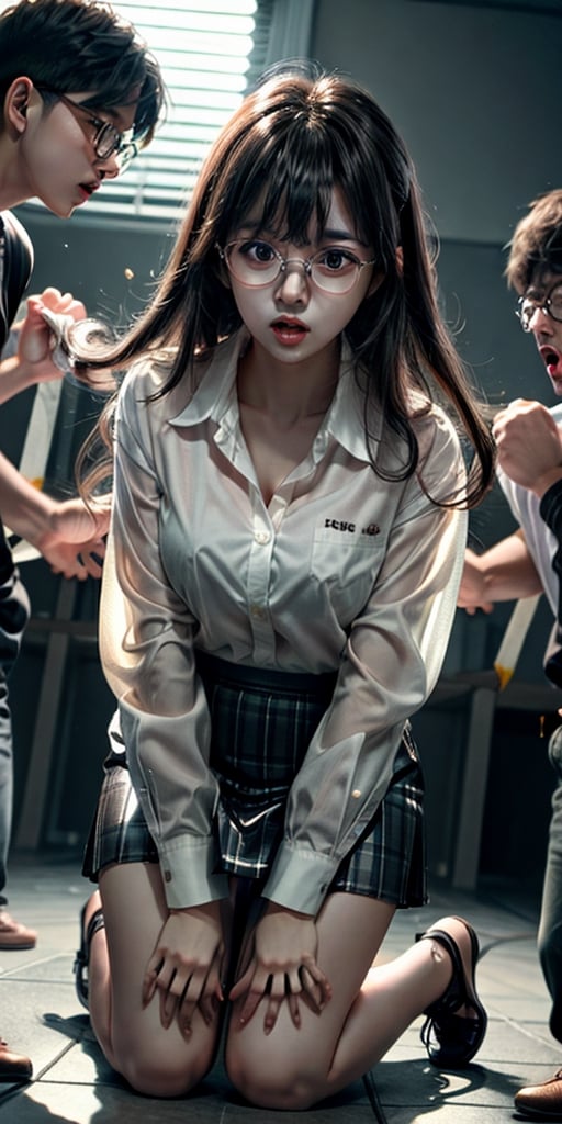 a cute korean large-eyed girl, open legs, bangs, kneel down, 
1girl, multiple boys, zombie, scared, white shirt, pencil skirt, glasses, trapped, motion blur, fighting stance, 
masterpiece, best Quality, Tyndall effect, good composition, highly details, warm soft light, three-dimensional lighting, volume lighting, Film lighting