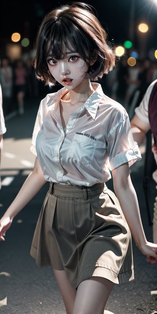 a cute korean large-eyed girl, open legs, bangs, 
1girl, multiple zombie boys, zombie, very torn shirt, scared, white shirt, pencil skirt, trapped, motion blur, Running away stance, 
masterpiece, best Quality, Tyndall effect, good composition, highly details, warm soft light, three-dimensional lighting, volume lighting, Film lighting