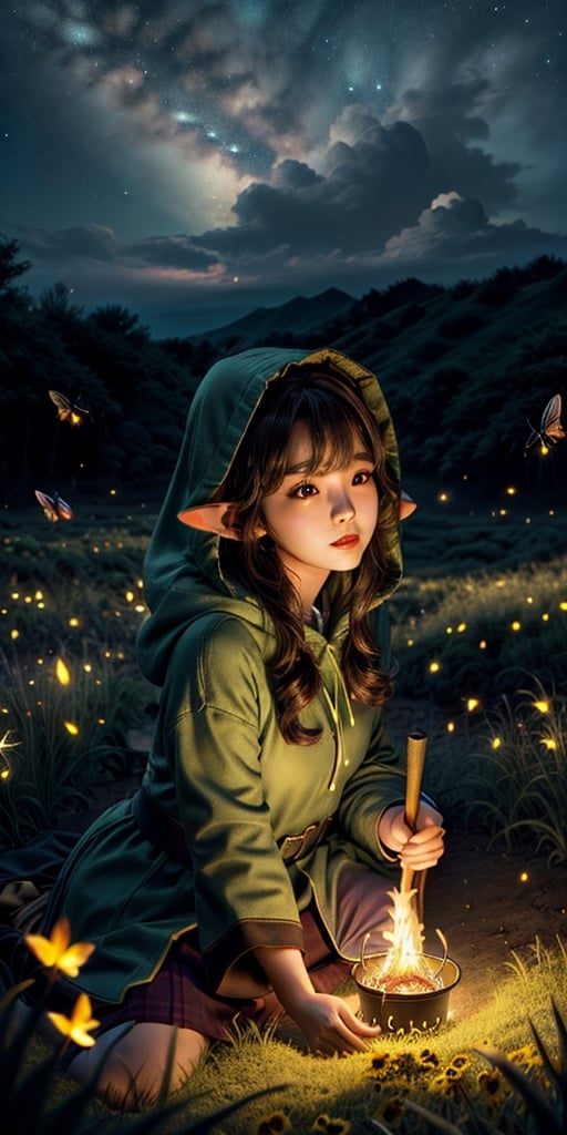 a cute korean large-eyed girl, bangs, elf, wizard, magic effect, fireelement, swirling flames, hood, staff, meadow, super detailed background, style-swirlmagic:0.6, 
masterpiece, best Quality, Tyndall effect, good composition, highly details, warm soft light, three-dimensional lighting, volume lighting, Film light,firefliesfireflies,night sky