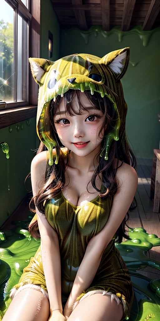 a cute korean large-eyed girl, open legs, bangs, sitting, 
forest,(room animal costume:1.2),(slime:1.2) costume,  fancy, cute, costume, 
A lovely slime with a gushing color and plump texture, its transparent and shiny body shone like a jewel in the faint light, and a happy-colored liquid flowed inside its transparent body. When touched, a pleasant plump feeling spread out and,dq_sl,Melting, transparent, crystal clear, sparkling, 
masterpiece, best Quality, Tyndall effect, good composition, highly details, warm soft light, three-dimensional lighting, volume lighting, Film lighting