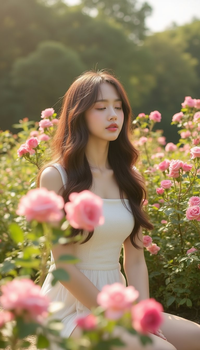 A Korean girl sits elegantly in a garden, surrounded by blooming rose bushes. taking in the sweet fragrance of the flowers and the gentle caress of the breeze. The warm sunlight casts a soft glow on her features, accentuating her delicate skin tone. Her long hair flows gently in the wind, framing her peaceful expression.