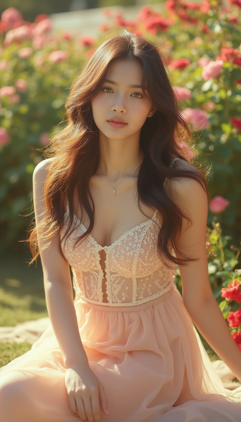 A Korean girl sits elegantly in a garden, surrounded by blooming rose bushes. taking in the sweet fragrance of the flowers and the gentle caress of the breeze. The warm sunlight casts a soft glow on her features, accentuating her delicate skin tone. Her long hair flows gently in the wind, framing her peaceful expression.