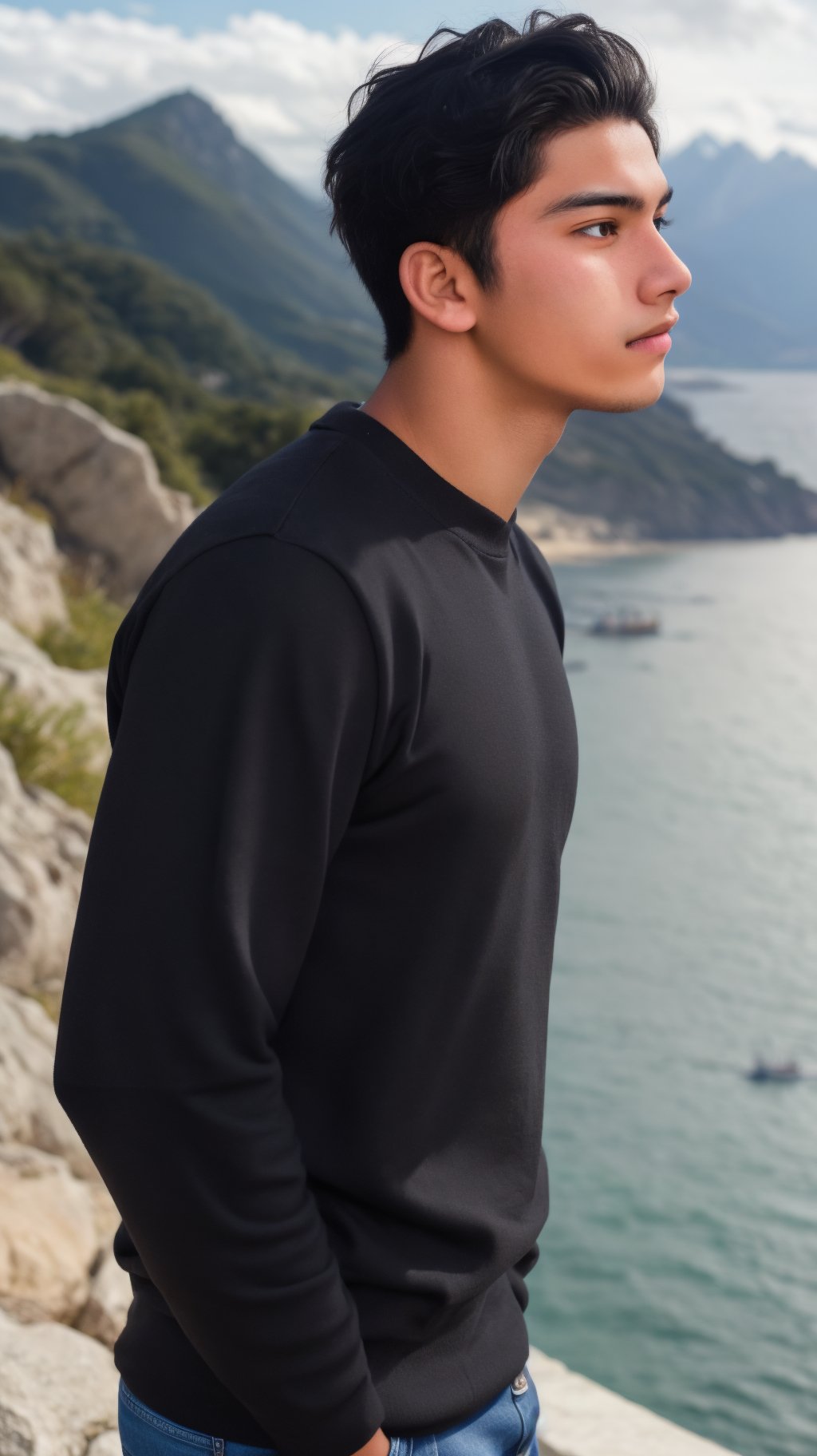 18-year-old boy, named José de la Cruz. José de la Cruz is posing in profile, looking towards a place not visible to the viewer. José de la Cruz is wearing a black sweatshirt. Behind him there is a sea and small mountains. Hyperrealistic. Photorealistic. 