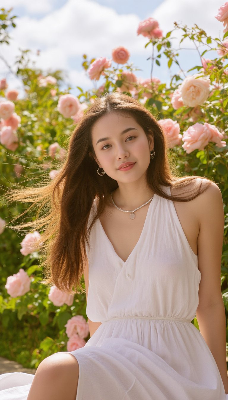 A Korean girl sits elegantly in a garden, surrounded by blooming rose bushes. taking in the sweet fragrance of the flowers and the gentle caress of the breeze. The warm sunlight casts a soft glow on her features, accentuating her delicate skin tone. Her long hair flows gently in the wind, framing her peaceful expression.