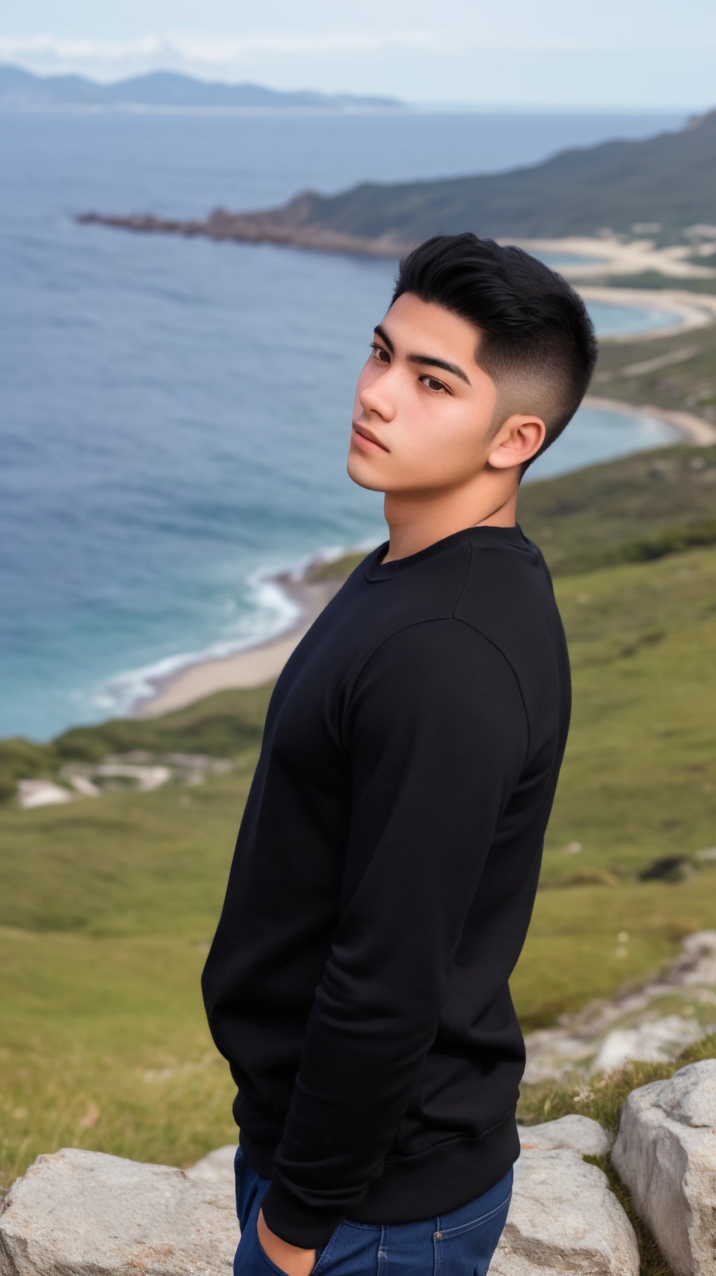 18-year-old boy, named José de la Cruz. José de la Cruz is posing in profile, looking towards a place not visible to the viewer. José de la Cruz is wearing a black sweatshirt. Behind him there is a sea and small mountains. Hyperrealistic. Photorealistic. 