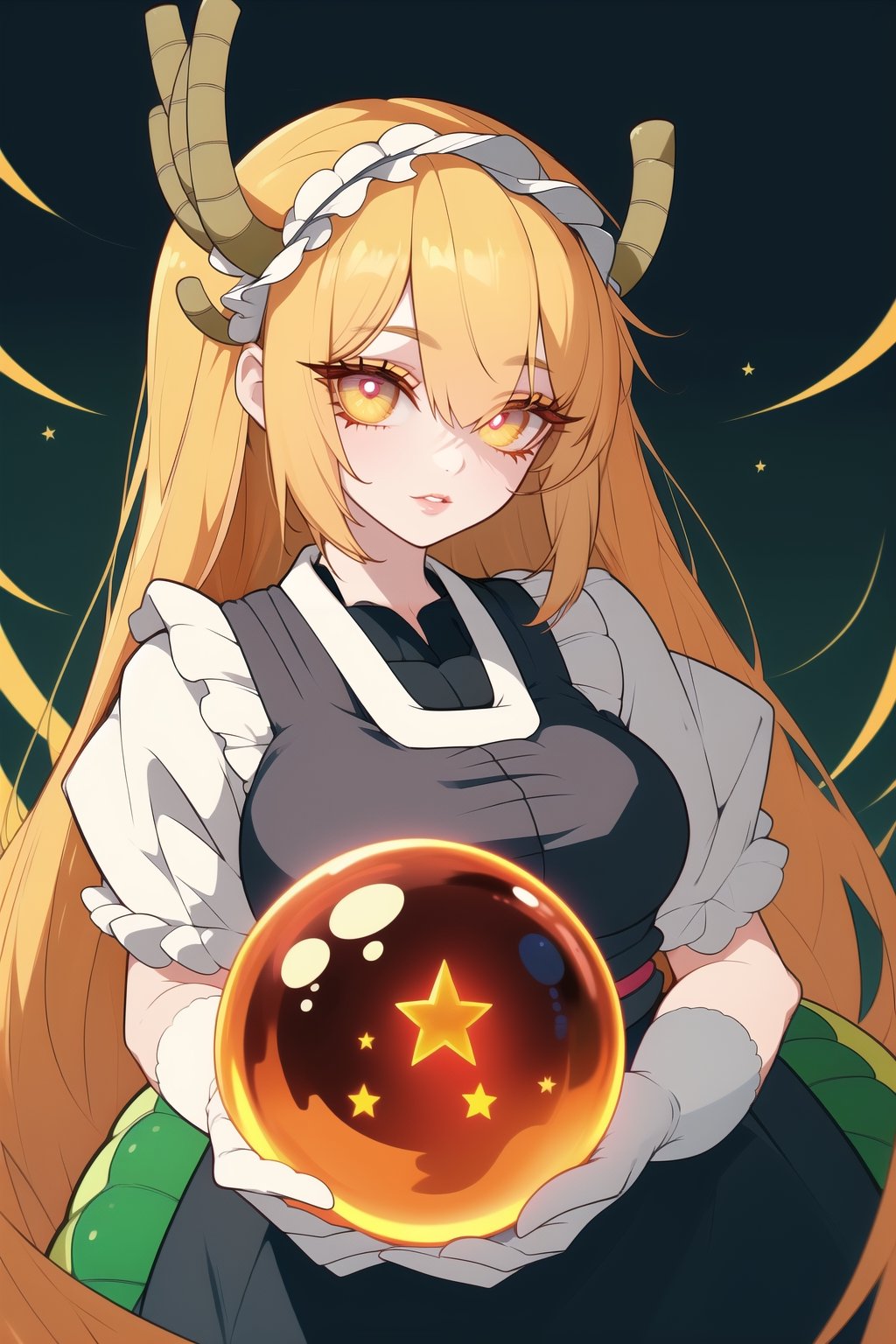 BEST QUALITY, HIGHRES, ABSURDRES, HIGH_RESOLUTION, MASTERPIECE, SUPER DETAIL, HYPER DETAIL, INTRICATE_DETAILS, LIGNE_CLAIRE, PERFECTEYES, DARK EYELASHES, EYELINER, SOFT GLOWING EYES,Black, tohru (maidragon),holding a star dragonball