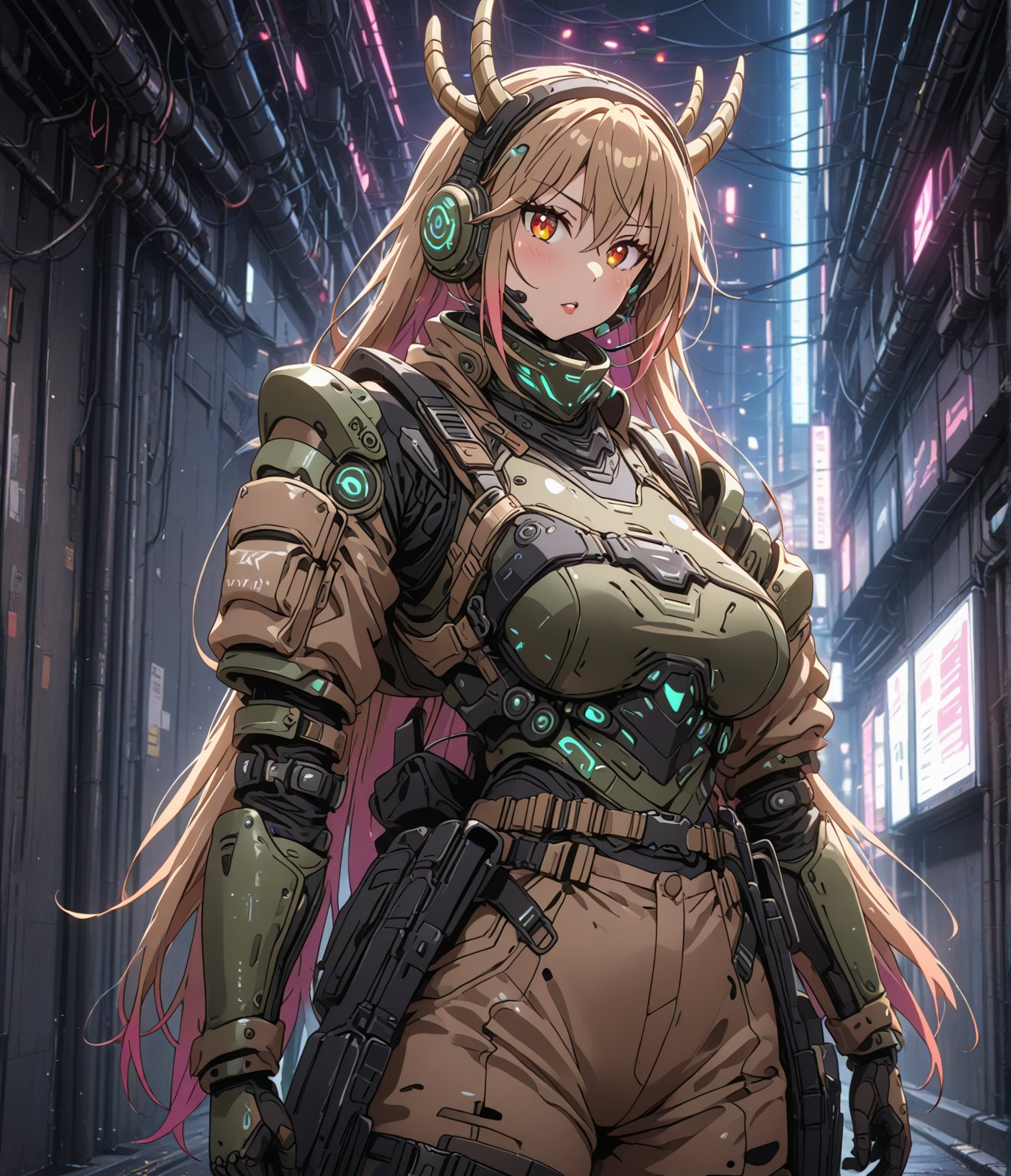 Masterpiece, 4K, ultra detailed, anime style, 1 beautiful busty female soldier wearing tactical headset and brown waist pack, glossy lips, armor plating with LED lights, SFW, alleyway with neon lighting, reflection, depth of field, cyber punk,tohru, two horns