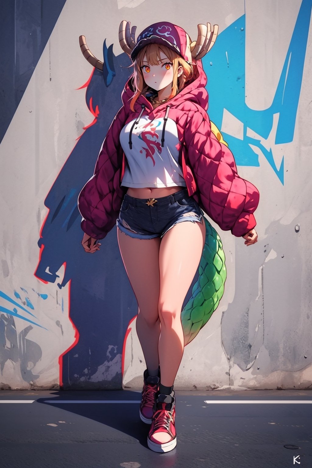 (masterpiece:1.1), (highest quality:1.1), (HDR:1.0), 1girl, perfect body, full leg dragon tattoos:1.5, braids, red, yellow cropped hoodie:0.5, cut off denim shorts:0.5, sneakers, attractive, stylish, tick gold chain necklace:0.5, designer, black, asymmetrical, graffiti, street art, Female, hmnc1, BJ_Violent_graffit, High detailed, walking, tohru (maidragon)
,KDA,Akali