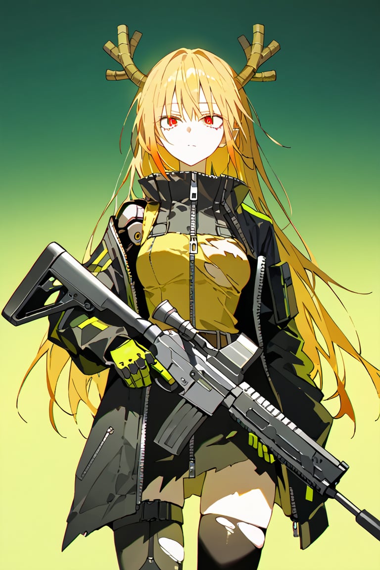 SCORE_9, SCORE_8_UP, SCORE_7_UP, SCORE_6_UP, 
MASTERPIECE, BEST QUALITY, HIGH QUALITY, 
HIGHRES, ABSURDRES,
INTRICATE DETAILS, ULTRA-DETAILED,
AESTHETIC,

weapon, neon-green_background, 1girl, , solo,, gun, cyberpunk, red eyes, long hair , green_background, golden hair, cyborg, looking_at_viewer, holding_weapon, jacket, black_legwear, holding, rifle, thighhighs, simple_background, neon-green_theme, torn_clothes, cowboy_shot, standing, prosthesis, belt, trigger_discipline, mechanical_arms, black_jacket, coat, mechanical_arm, zipper, holding_gun, submachine_gun, gloves, holster, yellow_theme, bangs, Tohru_(Maidragon), two horns, between horns