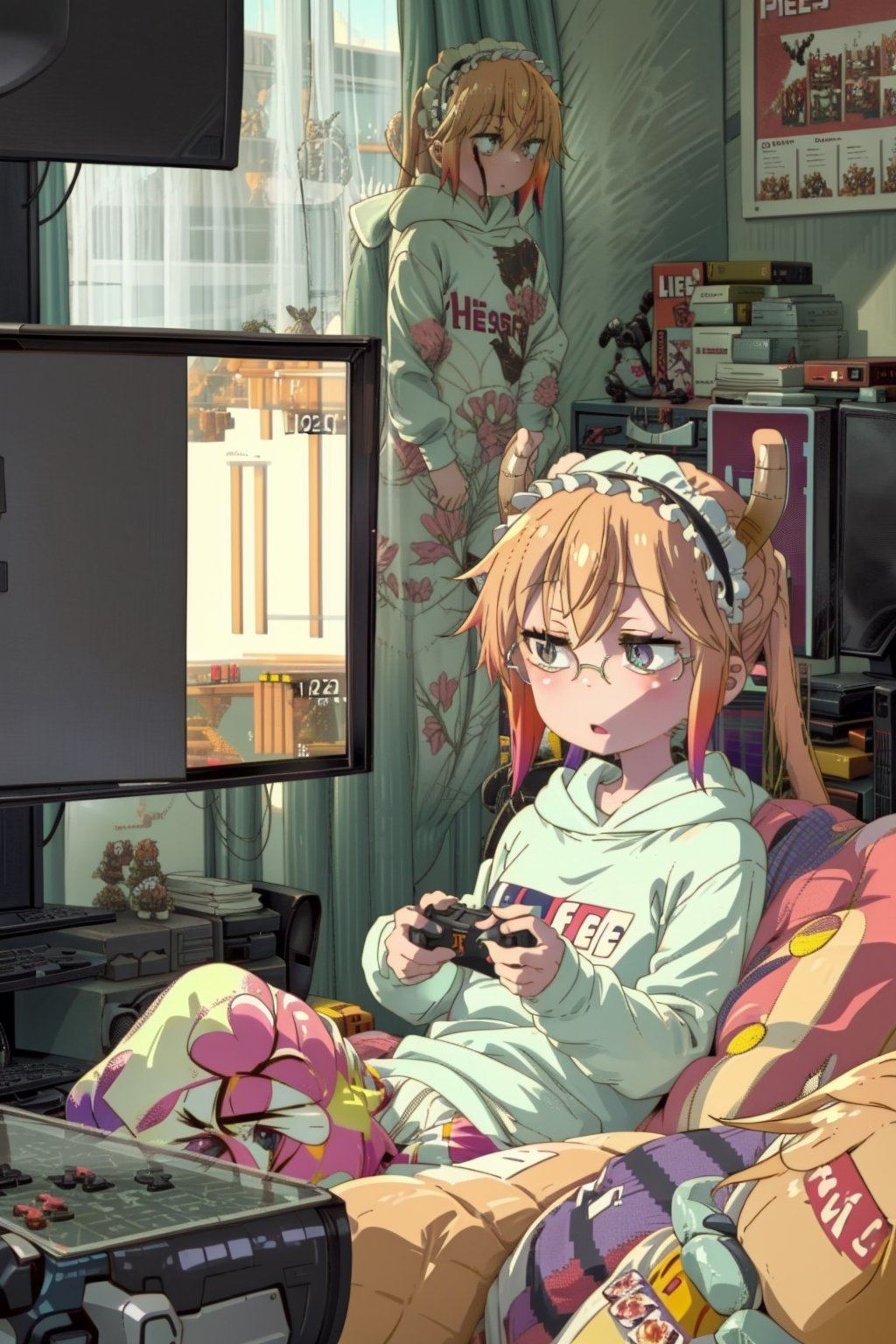  Persona, Futaba, purple eyes, glasses, long_orange_hair, 1girl, (playing_video_game:1.5), gamer, cozy, triangule pattern pijama, hoodie, flowerpot, cofee, (neutral colors:1.5),kobayashi-san chi no maid dragon 