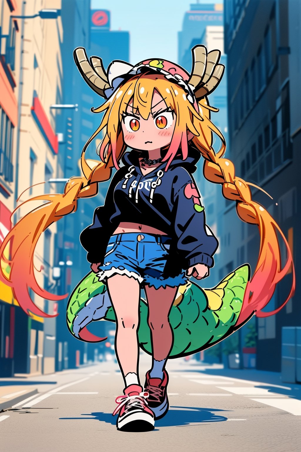 (masterpiece:1.1), (highest quality:1.1), (HDR:1.0), 1girl, perfect body, full leg dragon tattoos:1.5, braids, red, yellow cropped hoodie:0.5, cut off denim shorts:0.5, sneakers, attractive, stylish, tick gold chain necklace:0.5, designer, black, asymmetrical, graffiti, street art, Female, hmnc1, BJ_Violent_graffit, High detailed, walking, tohru (maidragon)
