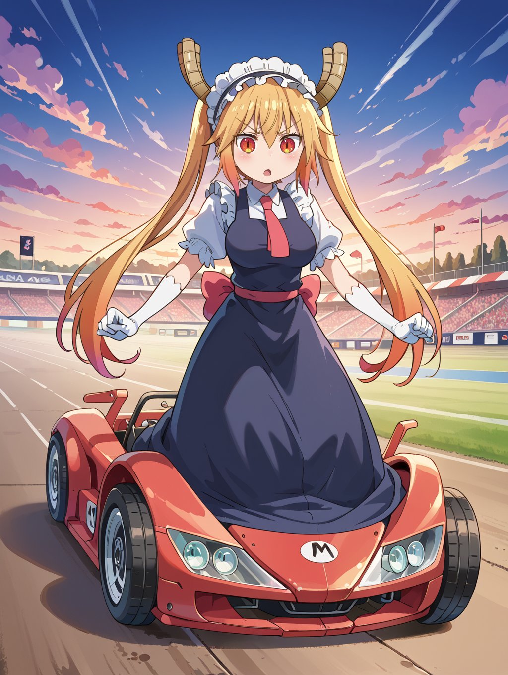 ((Masterpiece , colorful and fun style, based on the game Mario Kart 8 Deluxe.)) |tohru, is ready to race in his pink and green kart. She wears his characteristic maid uniform clothes, . Her look is determined and concentrated, ready to win the race. | The setting is a racing track full of colors and details, with obstacles, power-ups and other characters from the Mario universe. The track is winding and full of curves, with ramps, loops and other elements that add excitement and fun to the race. | Three-dimensional composition with an emphasis on perspective and depth of field, highlighting the sensation of movement and speed of the scene. | Vibrant and colorful lighting, with warm and cold tones that enhance the joy and energy of the game. | ((Tohru in Mario Kart 8 Deluxe, ready to race and win.)) | {The camera is positioned very close to her, revealing his entire body as he assumes a dynamic pose, interacting with and leaning against his kart in an exciting way.} | She takes a (((dynamic pose as he interacts, boldly leaning on his kart, leaning back in an exciting way))), (((((full-body_image))))), ((perfect_pose, perfect_anatomy, perfect_body) ), ((perfect_finger, perfect_fingers, perfect_hand, perfect_hands, better_hands)), ((More Detail, ultra_detailed)) | Enhanced All, Tohru_(Maidragon),score_9, score_8_up, score_7_up,source_anime,BREAK,