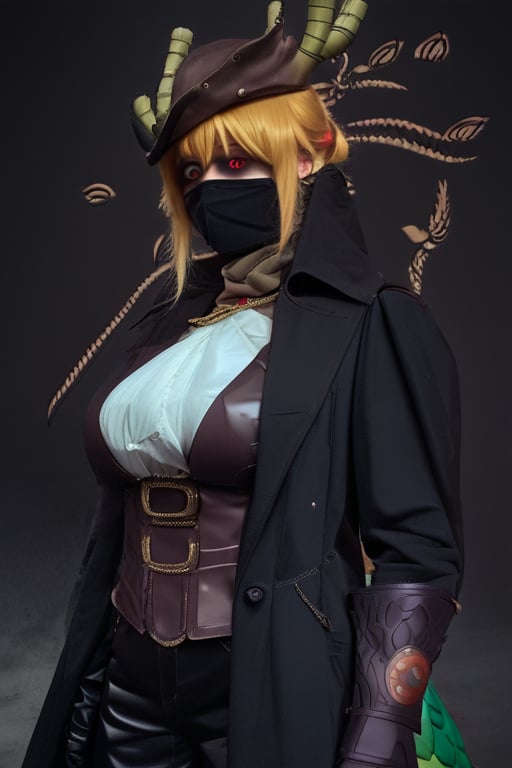  1 girl,Tohru_(Maidragon),leather coat, long coat, leather pants,hunter hat, hunter garb, hunter gloves,hunter trousers, facemask, golden hair, red eyes, two horns, between horns, dragon tail. green tail, cosplay hunter, bloodborne cosplay, masterpiece