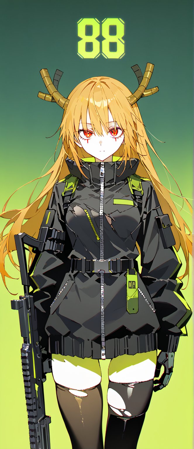 SCORE_9, SCORE_8_UP, SCORE_7_UP, SCORE_6_UP, 
MASTERPIECE, BEST QUALITY, HIGH QUALITY, 
HIGHRES, ABSURDRES,
INTRICATE DETAILS, ULTRA-DETAILED,
AESTHETIC,

weapon, neon-green_background, 1girl, , solo,, gun, cyberpunk, red eyes, long hair , green_background, golden hair, cyborg, looking_at_viewer, holding_weapon, jacket, black_legwear, holding, rifle, thighhighs, simple_background, neon-green_theme, torn_clothes, cowboy_shot, standing, prosthesis, belt, trigger_discipline, mechanical_arms, black_jacket, coat, mechanical_arm, zipper, holding_gun, submachine_gun, gloves, holster, yellow_theme, bangs, Tohru_(Maidragon), two horns, between horns