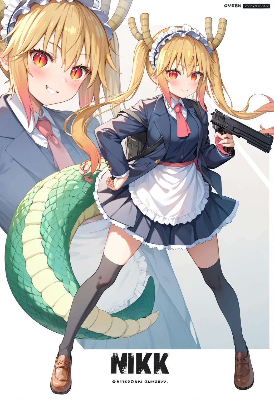 1girl,solo,tohru (maidragon), long hair, red eyes, golden hair, ahoge, one side up, ,skirt, school uniform, jacket,,score_9, score_8_up, score_7_up, source_anime, 1girl, , full body, zoom layer, on one gun, holding gun,,tohru_\(maidragon\)