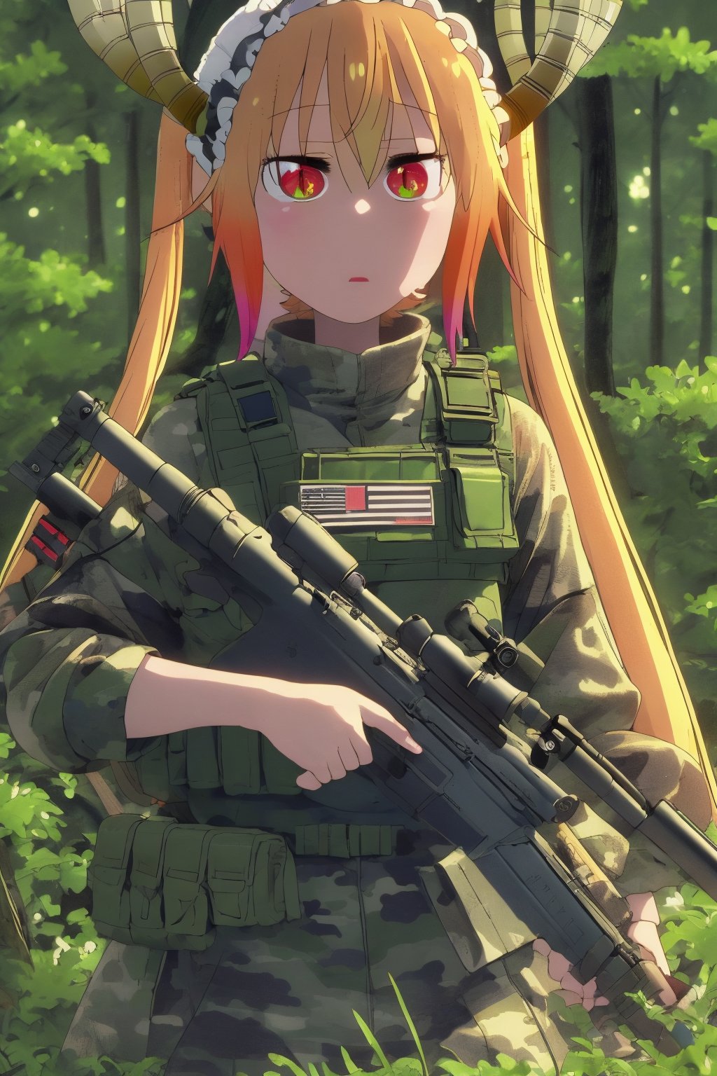 (masterpiece),(Highest quality),(High resolution),(Very detailed),One Woman,Japanese,golden Hair,longBob,Beautiful Eyes,Long eyelashes,Beautiful Hair,Beautiful Skin,whole body,BREAK(((aim at something with a sniper rifle))),(Lying down),((Sniper Rifle)),Army Camouflage Uniform,Bulletproof vest, Combat Boots, Tactical Forster,Tactical Headset,(The background is a dense forest),(((Background Blur))),tohru_\(maidragon\), red eyes, two horns, holding sniper, guntou, aiming to viewer,Assault rifle 